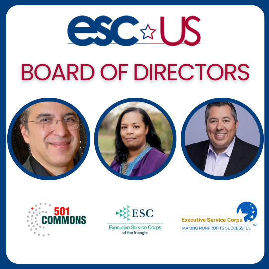 square image that pictures 3 smaller circles with faces of new Board Members joining the ESC-US Board of Directors, Sheneque Brawley-Duncan of EXC of the Triangle, Vineet Kumar of 501 Commons, and Philip Waitzman of Executive Service Corps Chicago.